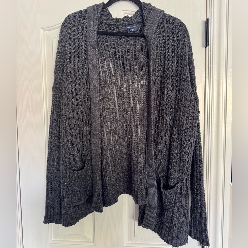 AE Knit Crocheted Dark Charcoal Grey Hooded Cardigan